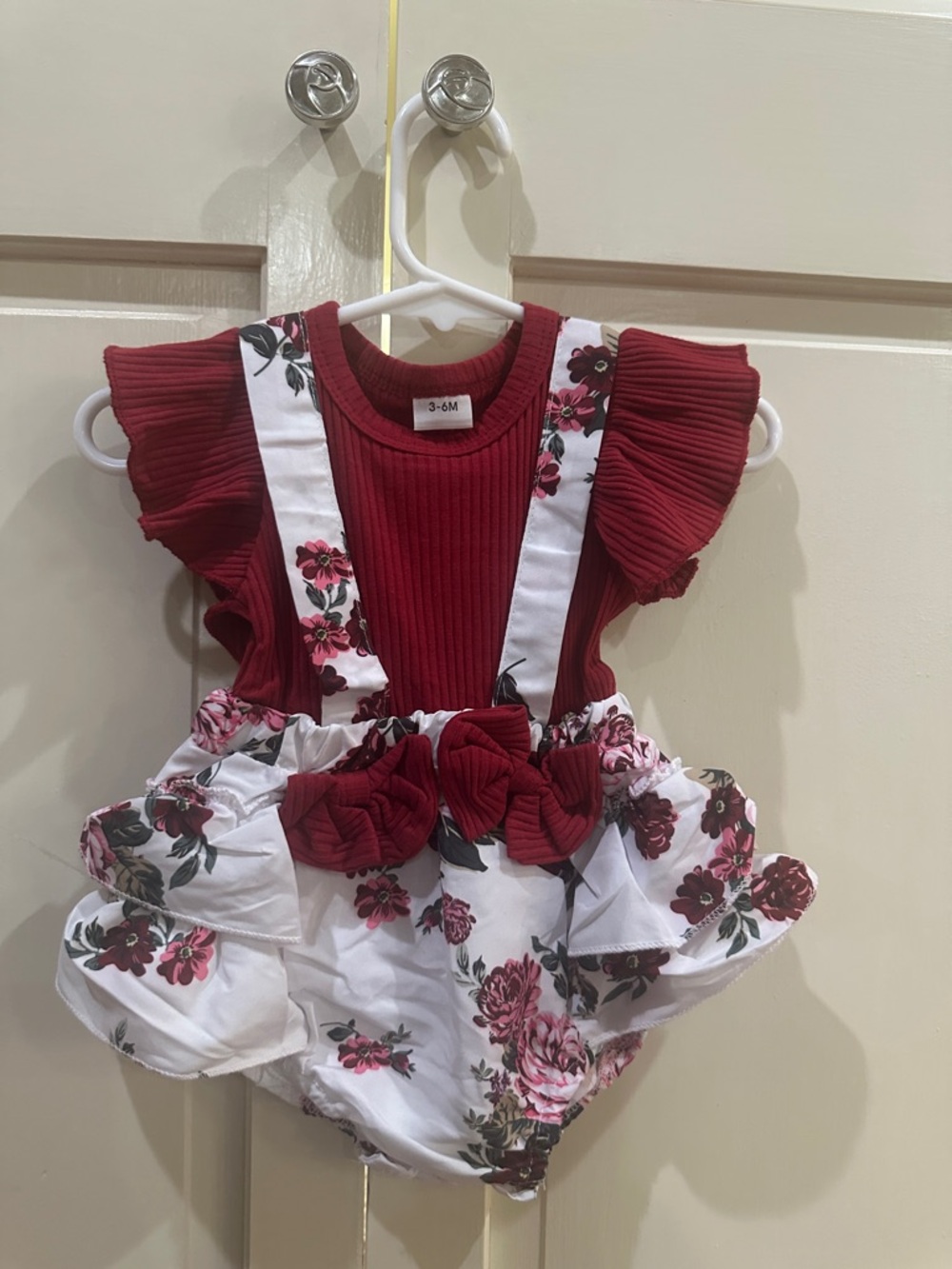 Source Unknown Burgundy and White Floral Ruffle Romper